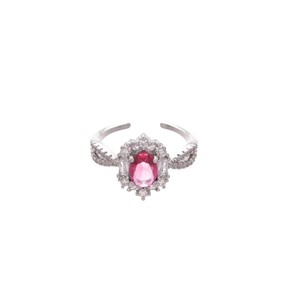 Pink oval zircon open ring with pavé white stones in a minimalist silver finish