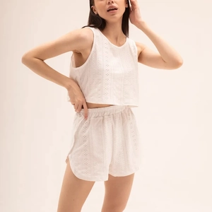 Haut De Pyjama Et Short Femmes Débardeur Court Sans Manches Short Taille Haute Broderie Anglaise Polyester Spandex Chic