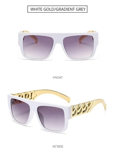 Front and side view of white oversized sunglasses with gold chain temples and grey lenses