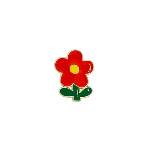 Broche fleur rouge en émail avec feuille verte en alliage doré pour femmes