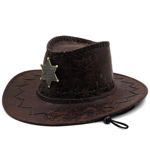 Sheriff western cowboy hat in dark brown cracked faux leather with star badge