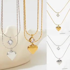 Collier Multi-Rangs En Acier Inoxydable Avec Pendentif Coeur Et Zircon Rond Bijoux Élégants Pour Femmes