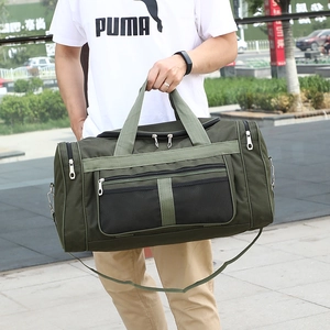 Large capacity army green travel duffel bag with black mesh pocket and shoulder strap