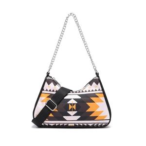 Aztec bohemian crescent shoulder bag with geometric patterns and dual silver chains