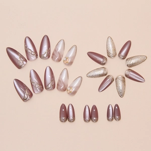 Détails de 24 faux ongles œil de chat marron avec texture marbrée et accents de strass