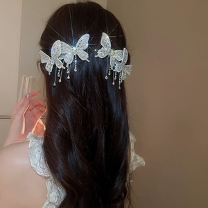 Detail view of silver butterfly hair clips with sparkling rhinestones and long tassels