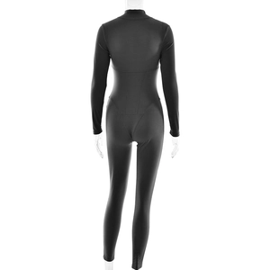 Detailed back view of a slim fit black long sleeve bodysuit with glossy finish