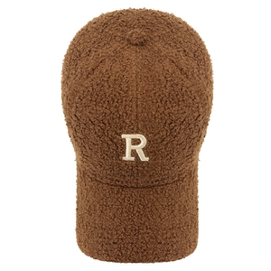 Brown fleece baseball cap with white embroidered R letter for winter warmth