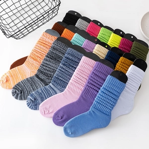Chaussettes Plissées Femmes Décontracté Couleur Unie Tricot Nervuré Chaussettes Mi-hautes Respirantes Mélange Polyester