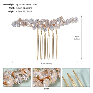 Vue détaillée du peigne à cheveux de mariée en zircon doré avec dimensions et poids