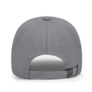 Rear view of grey baseball cap with textured fabric and adjustable metal buckle