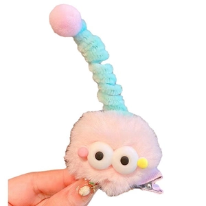 Barrette à cheveux mignonne en peluche rose avec antennes bleues et grands yeux pour fille