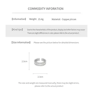 Size information and material chart for zircon flower hollow open ring in copper