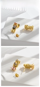 Detail of octopus jellyfish gold earrings with colorful zircon stones on white display