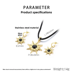 Detailed specs of stainless steel sunburst necklace and earrings with black glass stone