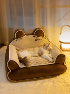 Detail view of a cozy plush cat bed with soft checkerboard cushion for comfortable sleep