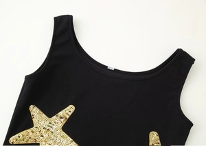 Detail of gold sequin star embroidery on black sleeveless round neck mini dress