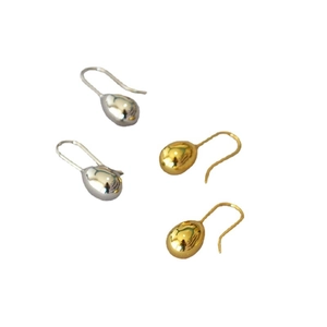 Minimalist brass water drop earrings set in polished gold and silver metallic finishes