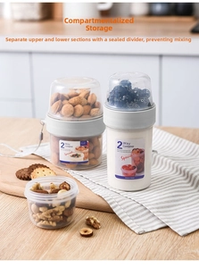 Close-up of double-layer yogurt salad cup showing dry nuts and fresh berries separation