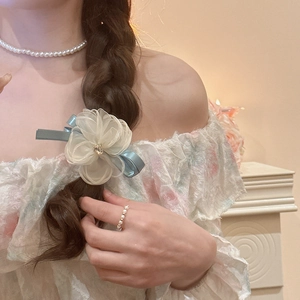 Detailed view of an organza flower hair clip with heart rhinestone on braided hair