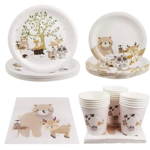 Forest Animal Party Tableware Disposable Paper Plates Napkins Cups Plastic Cutlery Birthday Decorations Jungle Cartoon Style