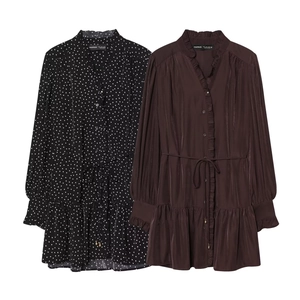 Women Long Sleeve Ruffle Mini Dress Polka Dot Solid Elegant Satin V Neck Drawstring Waist Fashion Casual