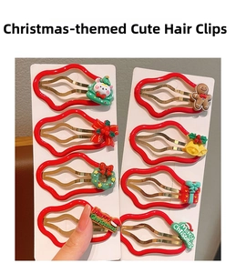 Set of 8 red Christmas hair clips featuring Santa, tree, and gingerbread man icons