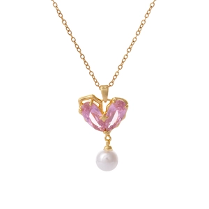 Gold-plated heart cage necklace featuring a pink gemstone and a white pearl drop