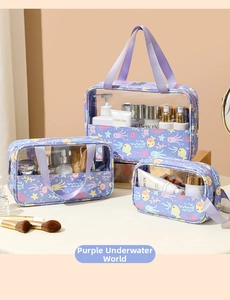 Three-piece purple sea world print clear cosmetic bags for travel storage set