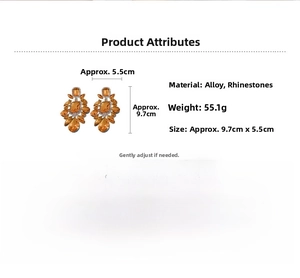 Detailed size specifications of amber rhinestone teardrop earrings showing 9.7cm length