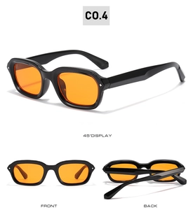 Three-angle view of punk square sunglasses with thick black frames and orange lenses