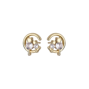 Chic gold cat stud earrings with sparkling zircon stones on a clean white background