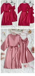 Close-up of silk-like satin sleepwear set with kimono robe and V-neck slip dress
