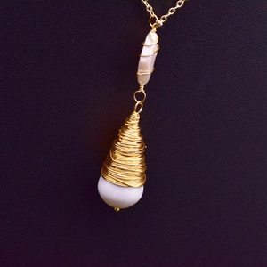 Baroque diamond pearl necklace with gold wire wrap pendant and thin metal chain