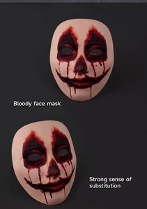 Macro detail of realistic bloody face mask showing lifelike skin texture and gore effects