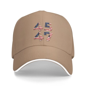 Detail of khaki twill baseball cap with American flag 45/47 numbers embroidery