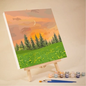 Sunset landscape DIY digital oil painting kit with numbered acrylic paints and brushes