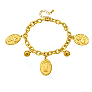 Detailed view of golden stainless steel chain bracelet with religious charms and pendants