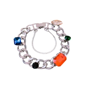 Silver chunky chain bracelet with colorful faceted gemstones and secure square clasp