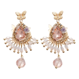 Vintage gold butterfly earrings with pink crystal water droplets and tassel design