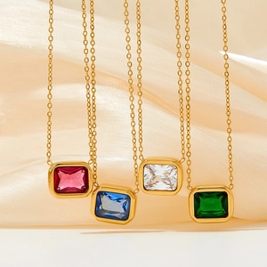 Golden stainless steel necklaces with square red blue white and green zircon pendants