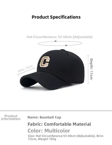 Detailed size guide for adjustable cotton baseball cap with vintage C embroidery