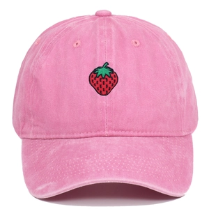 Pink washed cotton baseball cap featuring cute strawberry embroidery for outdoor leisure