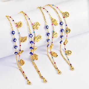 Double Layer Gold Titanium Steel Bracelet For Women Blue Enamel Evil Eye Elephant Tree Of Life Hamsa Palm Charm Jewelry