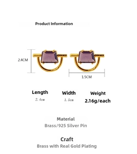 Detail view of gold-plated brass geometric earrings with purple zircons and silver needles
