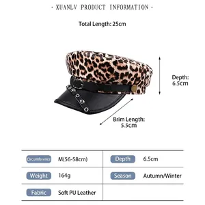 Leopard print PU leather flat top hat with rivet belt decoration for women
