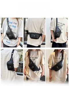 Detail view of leather waist bag showing skull hardware and multiple carrying styles