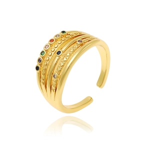 Macro detail of 18K gold plated multi-layer ring with rainbow zircon stones