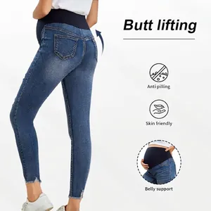 Slim fit maternity jeans in washed blue with high elastic belly support and lift