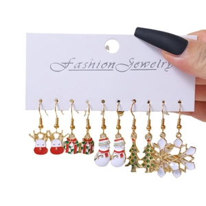 5-pair Christmas earring set with Santa, reindeer, and snowflake enamel charms
